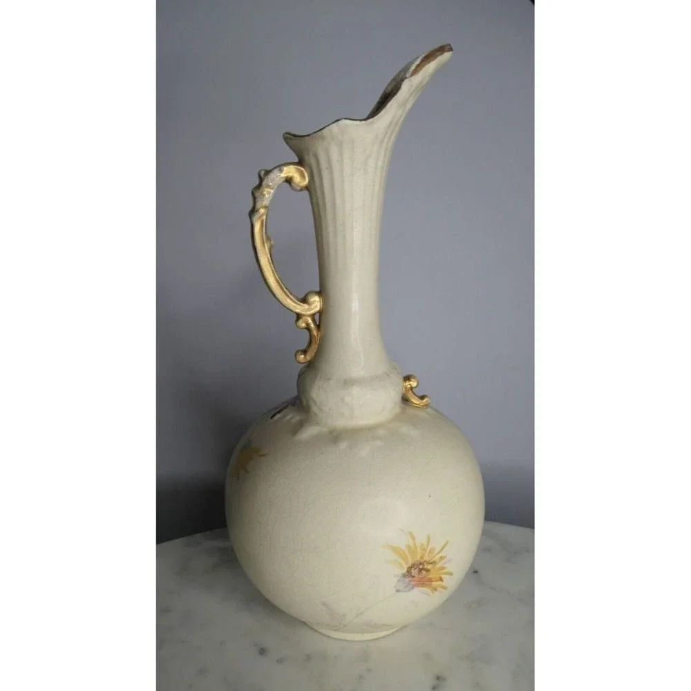 Antq Art Nouveau Ewer Gold Painted Floral Pitcher Ornate Handle Unmarked Cottage